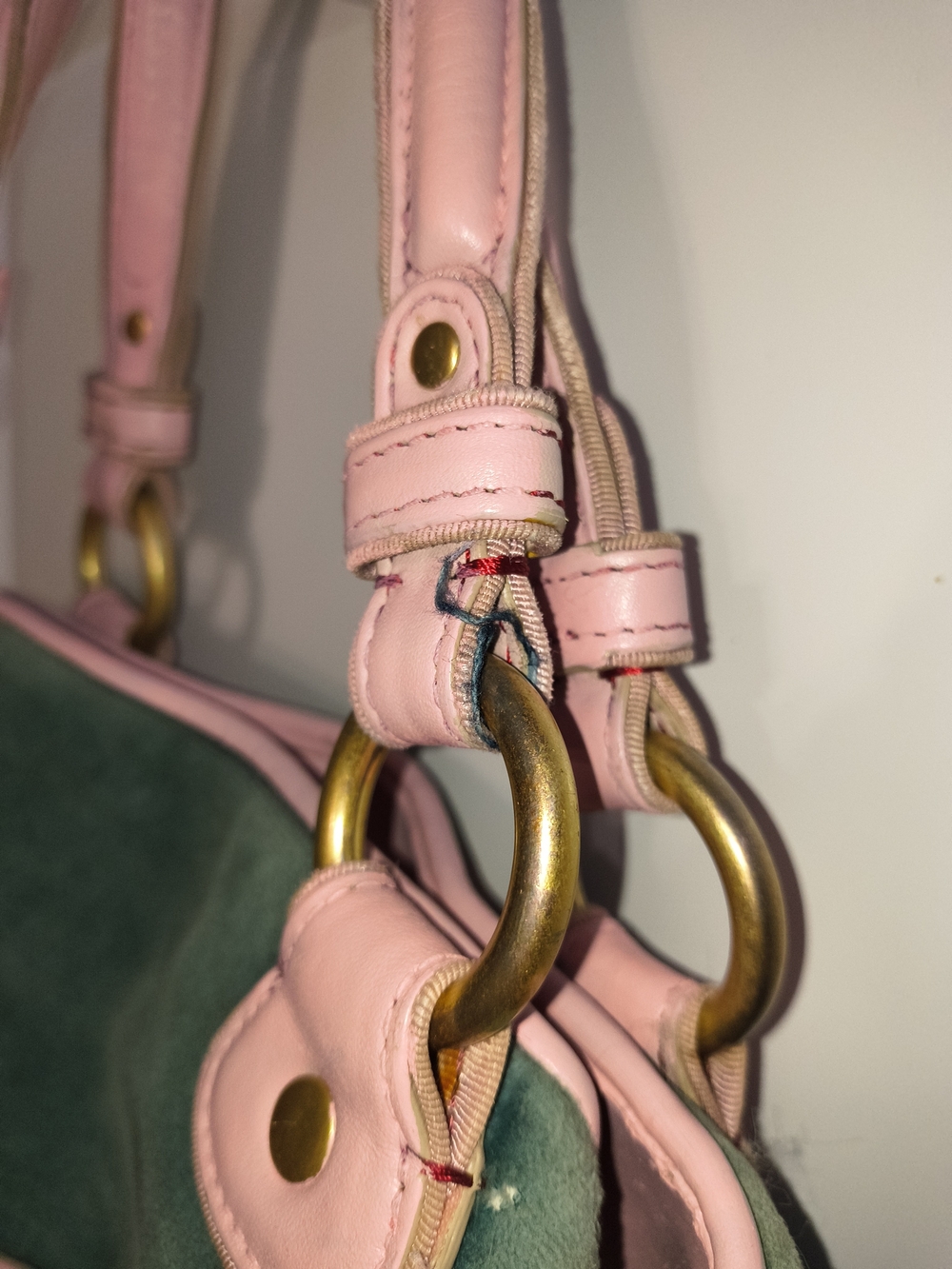 Juicy Couture Green Velvet Tote with Pink Leather Handles and Embroidered Crest - Picture 8 of 12